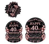 40th Birthday Party Tableware Set - 96 Pcs Black Rose Gold Decorations Paper Plates Napkins Party Tableware Supplies for Women Her 40th Birthday Table Decoration Serve 24 Guests