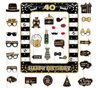 40th Birthday Photo Booth Props and Inflatable Frame, 32 Pcs Funny DIY Birthday Party Props for Women Men, Black Gold Party Photo Booth Props Selfie Frame for 40th Birthday Party Decorations