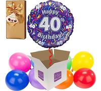 40th Birthday Purple Streamers Helium Inflated Balloon with 8 Mini Coordinated Air-Filled Balloons and Hamlet Chocolates all delivered in a box