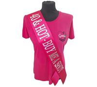 40th Birthday Sash - 40 & Hot, Buy Me A Shot! Birthday Sash - Beautiful Quality Fuchsia Pink Ribbon and Holographic Silver Font