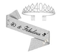 40th Birthday Sash and Tiara, 40th Birthday Rhinestone Crown Birthday Gift for Girls 40th birthday decorations (Silver)