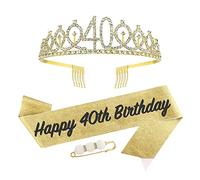 40th Birthday Sash and Tiara for Women,Gold 40th Birthday Crown Costume Set for 40th Birthday Gifts,Rhinestone Birthday Crown and Shoulder Strap for Her 40th Birthday Decorations Party Accessories