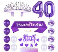 40th Birthday Sash Princess Crown Queen Tiara Rhinestone Headbands Cake Toppers Number 40 Helium Balloons Purple Latex Balloon 40 Birthday Decoration for Women 40 Year Old Birthday Party Supplies