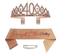 40th Birthday Sash Tiara and Crowns for Girls, Birthday Queen Rose Gold Tiara, Princess Tiara Rhinestone Headbands with Combs Bridal Wedding Tiaras for Wedding Prom Bridal Party Christmas