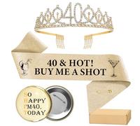 40th Birthday Sash Tiara Badge - 3 Pcs Champagne Gold 40th Birthday Decor | 40 & Hot Buy Me A Shot Sash So Happy I'm 40 Today Badge Number 40 Rhinestone Crown for Women 40th Birthday Decorations Gifts