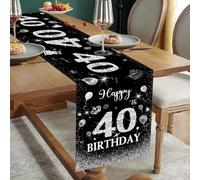 40th Birthday Table Runner Black Silver Happy 40th Birthday Table Runner for 40 Years Old Men Women Him Her Celebration 40th Birthday Party Decorations Non-Slip Dining Table Linen Cloth Decor 180x35cm