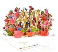 40th Flower Birthday Pop Up Card for Women - Elegant 3D Garden Scene with Roses, Butterfly, Sparkling Gold “40” - Floral Milestone Greeting Card for Her - Includes Envelope and Blank Note