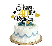 40th Happy Birthday Cake Topper Black Gold Glitter,Personalised Cake Toppers for Men Boys Women Girls Birthday Party Cake Decorations Kit with Star Heart Cupcake Topper
