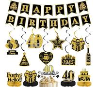 40th Happy Birthday Decorations Set - 21 Pcs Black Gold Happy Birthday Banners, Hanging Swirls, Cake Toppers for Honeycombs Decoration for Men and Women 40 Years Old Personalised Decor Supplies