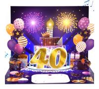 40th Musical Birthday Card, 3D Light-up Birthday Card for 40th Women, Men | Pop Up Cake Happy Birthday Card w Firework Lights & Blowable Candle for 40 year-old Wife, Husband, Sister, Daughter, Son