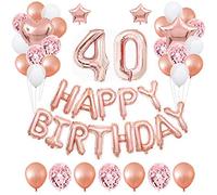 40th Rose Gold Birthday Party Decorations Pack 48PCS Banner Happy Birthday Decorations for Girls Women Party Supplies Happy Birthday Star Heart Rose Gold Foil Balloons Latex Balloons