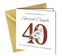 40th Ruby Wedding Anniversary Card, Unique Design, 'To a Special Couple' Congratulations Blank Inside Metalic Gold Envelope 400gsm Thick Card, Made in the UK #1871