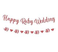 40th Wedding Anniversary Decorations Glitter 40th Happy Ruby Wedding Banner Red Heart Bunting Ruby Anniversary Decorations for 40th Birthday Anniversary Party
