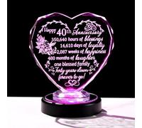 40th Wedding Anniversary Heart Gifts for Wife Her Couples, Glass Engraved Heart Keepsake Ornament with LED Base 40 Year Ruby Anniversary Presents for Couples Parents Friends Women