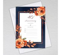 40th Wedding Anniversary Invitations - Elegant Navy & Burnt Orange Anniversary Party Invites with a Botanical Theme - A6 Blank Invite Cards (Pack of 50 with Envelopes)