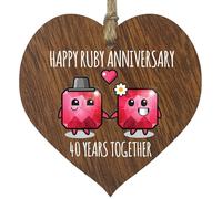 40th Wedding Anniversary Plaque Gift for Husband Wife - 40 Years Together - Happy Ruby Anniversary Wooden Heart for Women Men Partner, Dark Wood Sign Keepsake Gifts