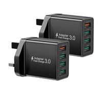 40W 4-Port USB Plug Adapter UK, 2Pack USB Plug, Multi Fast Charging Plug with Quick Charge 3.0 Wall Charger, Multi Charger Head for iPhone 17 16 15 14 13 12 11 Pro Max X XR XS 8 7 6 6S SE,iPad,Samsung