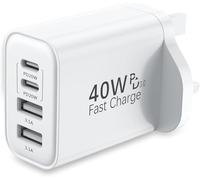 40W Multi-Port USB C Charger, 4-Port GaN Fast Wall Charger with UK Mains Plug, PD3.0 & QC Power Adapter for iPhone 16 Pro Max/15/14, Samsung, Tablet, White