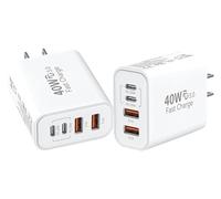 40W USB Charger Block, 4 Port Phone Charger, Fast Charging Brick, Dual USB C Power Adapter + Dual USB A Port Wall Plug, Multi Charger Station for