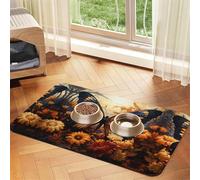 40x60cm Orange Yellow Butterfly Field Flowers Print Pet Absorbent Feeding Mat - Quick Dry Food Pad/Leather Placemat, for Dog Cat Food Bowl Water