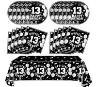 41 PCS 13th Birthday Decorations Black and Silver Theme Disposable Tableware Decorations Including Plates Napkins Tablecloth for Official Teenager 13th Boys Girls