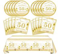 41 PCS 50th Wedding Anniversary Decorations White and Gold Cheers to 50 Years Disposable Tableware Including Plates Napkins Tablecloth for Men Women Fifty Years Old Anniversary