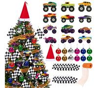 41 Pcs Christmas Tree Monster Truck Ornaments Set, Wooden Vehicle Wheel Truck Horsepower Pickup Crafts, Christmas Tree Hanging Balls Baubles with Santa Hat and Flag Tape for Xmas Party Holiday Decor