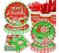 41 Pcs Peppermint Party Tableware Set Include Christmas Candy Cane Paper Plates Napkins and Plastic Tablecloth Red Green Christmas Candy Winter Party Decor for Holiday Xmas Theme Party Supplies