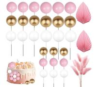 41 Pcs Pink Cake Balls Decoration Ball Cake Toppers Decorations Cake Decorations Flowers Pink and Gold Balls for Cakes Pinks Palm Leaves Cupcake Toppers for Baby Shower Wedding Party Anniversary