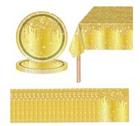 41 Pcs Shiny Glitter Diamond Party Tableware Set - Yellow Princess Plates, Napkins, Gold Tablecloth - Sparkling Dinnerware for Birthday, Baby Shower, Wedding