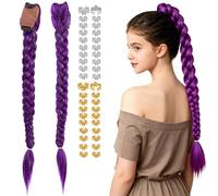 41-Piece Purple Hair Extensions Clip In Set, 66cm Pre-Braided Coloured Hair Extensions with Silver Tinsel and 40 Metallic Braid Accessories, Hair Jewellery for Braids for Festival Cosplay Party