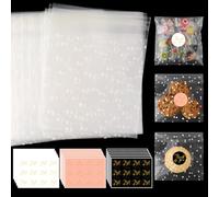 416Pcs Thicken Transparent Self Adhesive Candy Cookie Bags Set Include 200P Thicken Matte Semi White Polka Dot Cellophane Treat Bag and 216 Thank You Stickers for Biscuit Chocolate Snack(14 x 14cm)