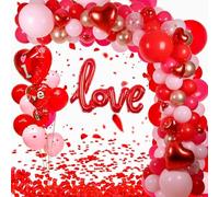 417PCS Valentines Day Balloon Garland Arch Kit Pink White Red Balloons with Confetti Heart Foil Explosion Star Rose Petals for Anniversary Wedding Romantic Party Decorations
