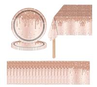 41P Shiny Glitter Diamond Party Tableware Set - Rose Gold Princess Plates, Napkins, Tablecloth - Sparkling Paper Dinnerware for Birthday, Baby Shower, Wedding