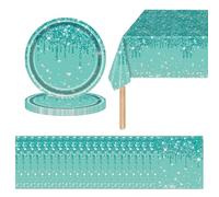 41P Shiny Glitter Diamond Party Tableware Set - Teal Blue Princess Plates, Napkins, Tablecloth - Sparkling Paper Dinnerware for Birthday, Baby Shower, Wedding