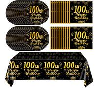 41Pcs 100th Birthday Party Decorations for Men Women, Black Gold Happy 100th Birthday Supplies with 20 Plates, 20 Napkins and 1 Tablecloth, 100 Years Old Party Disposable Tableware Kit for Him Her