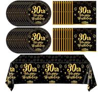 41Pcs 30th Birthday Party Decorations for Men Women, Black Gold Happy 30th Birthday Supplies with 20 Plates, 20 Napkins and 1 Tablecloth, 21 Years Old Party Disposable Tableware Kit for Him Her