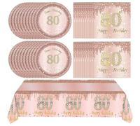 41Pcs 80th Birthday Decorations, Rose Gold Birthday Party Supplies Include 20Pcs Plates 20Pcs Napkins and 1Piece Tablecloth, Sweet Eighty Year Old Birth Party Tableware for Girl Ladies Women