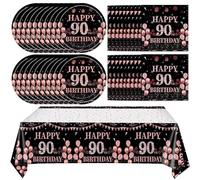 41Pcs 90th Birthday Decorations for Women, Vintage 90 Birthday Black and Rose Gold Disposable Paper Plates and Napkins Party Supplies for 20 Guests, 41Pcs Include 7" Plates Napkins and Tablecloth
