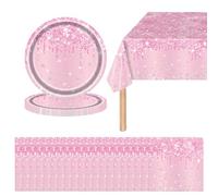 41Pcs Baby Pink Tableware Shiny Glitter Diamond Party Plates,Pink Paper Plates and Napkins Pink Tablecloth,Pink Sparkling Dinnerware Set for Her Birthday,Wedding,Baby Shower Party Pink Tableware Set