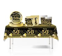 41Pcs Black Gold 50th Happy Birthday Party Tableware Decorations for Him Plastic Table Cloth,7inch Paper Plates,Napkins, Cups for Men Birthday Table Party Tableware Set for Him Adults Birthday Party