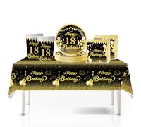 41Pcs Black Gold Happy 18th Birthday Party Tableware Plastic Table Cloth,7inch Paper Plates,Cups,Napkins for Boys Girl Birthday Table Decorations Disposable Party Tableware Set for 18th Birthday Party