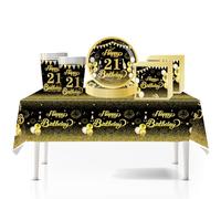 41Pcs Black Gold Happy 21st Birthday Party Tableware Plastic Table Cloth,7inch Paper Plates,Cups,Napkins for Boys Girl Birthday Table Decorations Disposable Party Tableware Set for 21st Birthday Party