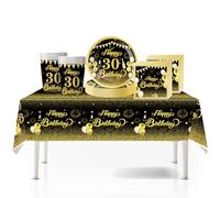 41Pcs Black Gold Happy 30th Birthday Party Tableware Plastic Table Cloth,7inch Paper Plates,Cups,Napkins for Man Women Birthday Table Decorations Disposable Party Tableware Set for 30th Birthday Party