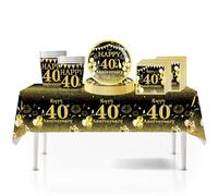 41Pcs Black Gold Happy 40th Birthday Tableware Set - Plastic Table Cloth, 7inch Paper Plates, Cups, Napkins for Man Women Birthday Table Decorations Disposable Party Supplies
