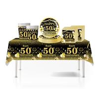 41Pcs Black Gold Happy 50th Birthday Party Tableware Set Plastic Table Cloth,Paper Plates Napkins 50th Birthday Table Decorations Disposable Tableware Kit for Men Women 50th Birthday Decorations