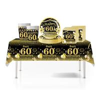 41Pcs Black Gold Happy 60th Birthday Party Tableware Plastic Table Cloth,7inch Paper Plates,Cups,Napkins for Man Women Birthday Table Decorations Disposable Party Tableware Set for 60th Birthday Party