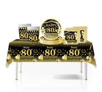 41Pcs Black Gold Happy 80th Birthday Party Tableware Set - Plastic Table Cloth, Paper Plates, Napkins - Birthday Table Decorations Disposable Kit for Men Women