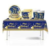 41Pcs Blue Gold 21st Happy Birthday Party Tableware Decorations for Him Plastic Table Cloth,7inch Paper Plates,Napkins, Cups for Men Birthday Table Party Tableware Set for Him Adults Birthday Party