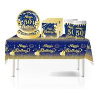 41Pcs Blue Gold 21st Happy Birthday Party Tableware Decorations for Him Plastic Table Cloth,7inch Paper Plates,Napkins, Cups for Men Birthday Table Party Tableware Set for Him Adults Birthday Party